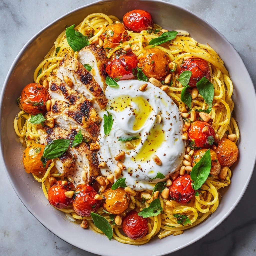 Chicken Spaghetti with Burrata and Lemon Butter Garlic Sauce Recipe