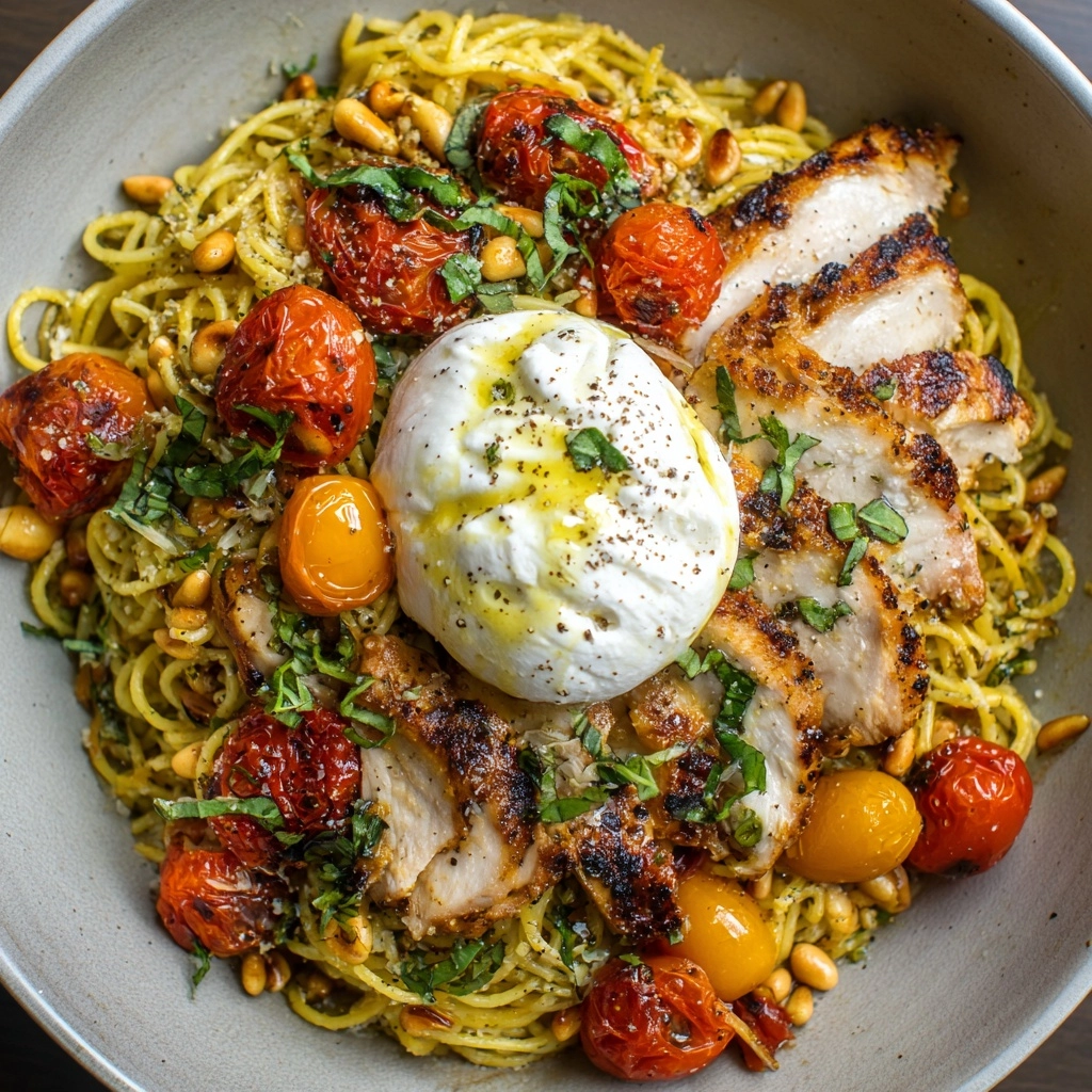 Chicken Spaghetti with Burrata and Lemon Butter Garlic Sauce Recipe - Recipe Image
