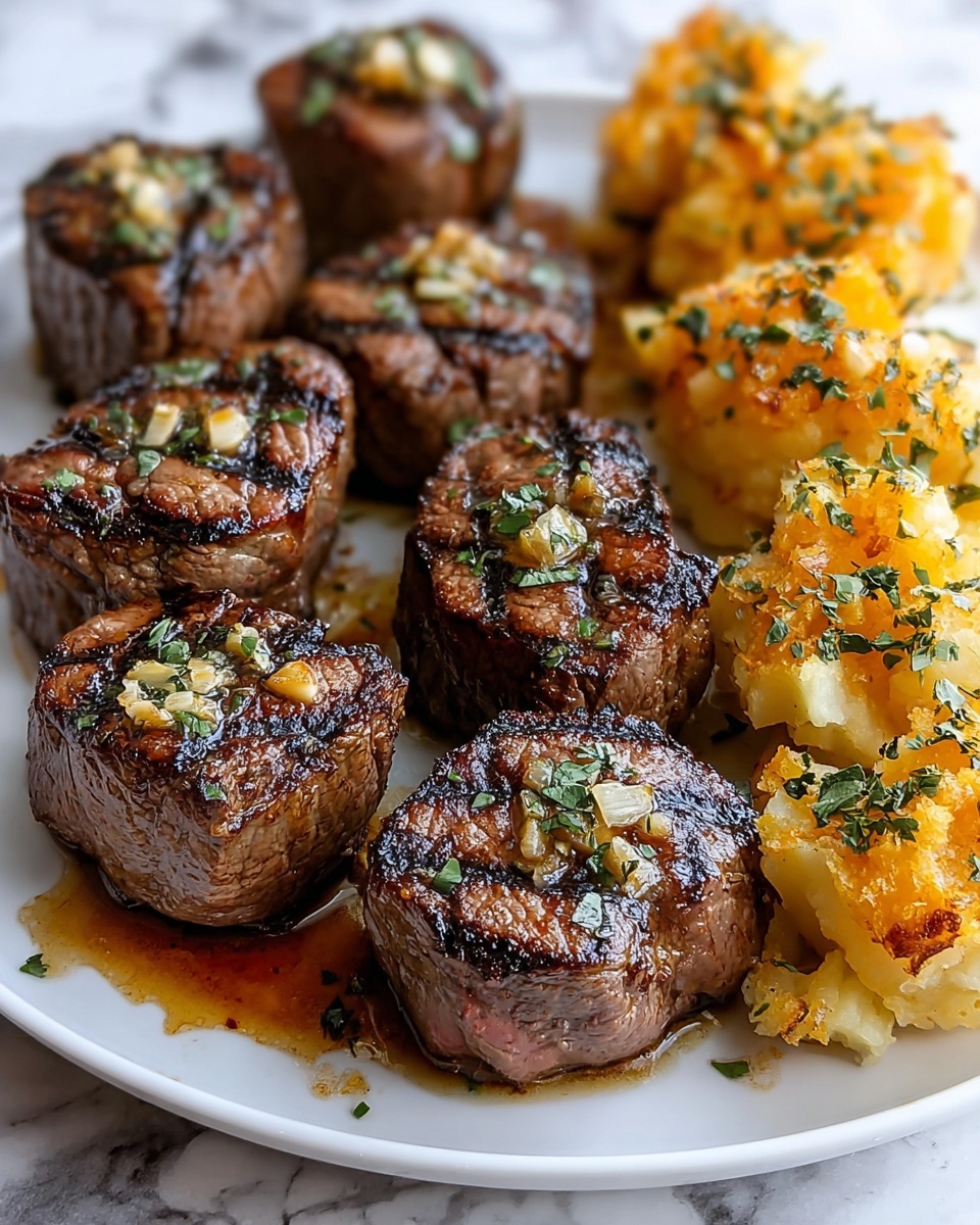 Garlic Butter Steak Bites with Cheesy Smashed Potatoes Recipe - Recipe Image