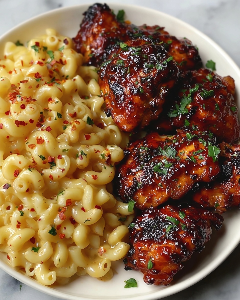 Sweet and Spicy Honey Pepper Chicken with Creamy Macaroni Cheese Recipe - Recipe Image