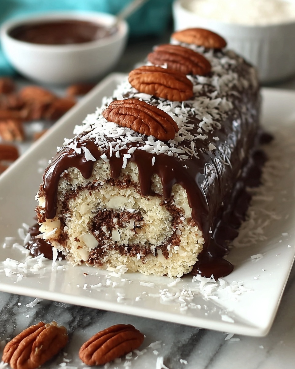 Decadent German Chocolate Coconut Pecan Roll Cake Recipe - Recipe Image