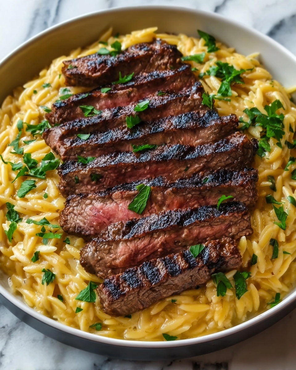 Flank Steak with Creamy Sun-Dried Tomato Orzo Recipe - Recipe Image