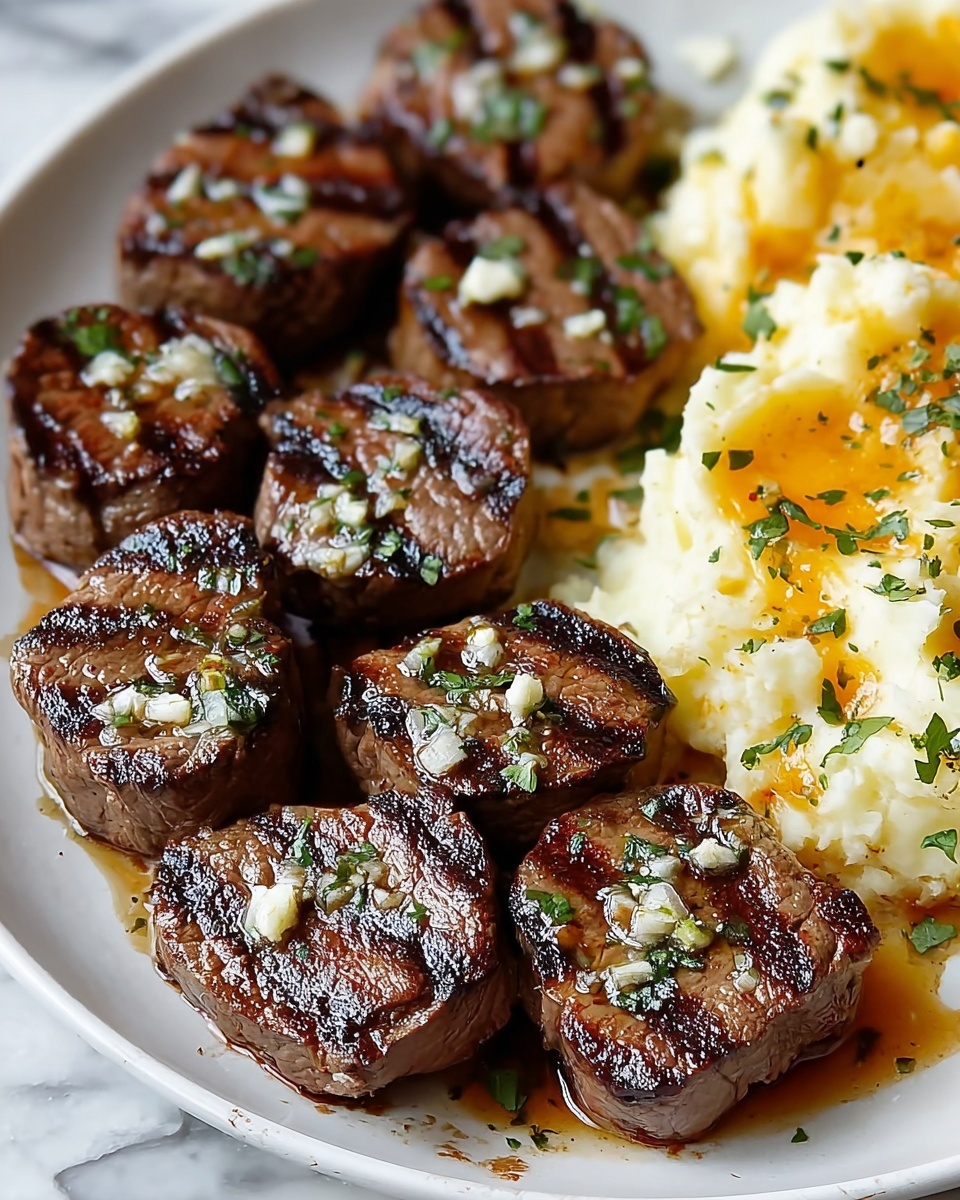 Garlic Butter Steak Bites with Cheesy Smashed Potatoes Recipe - Recipe Image