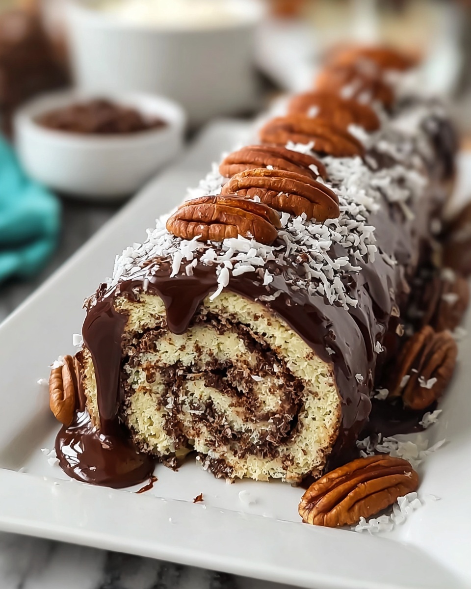 Decadent German Chocolate Coconut Pecan Roll Cake Recipe - Recipe Image