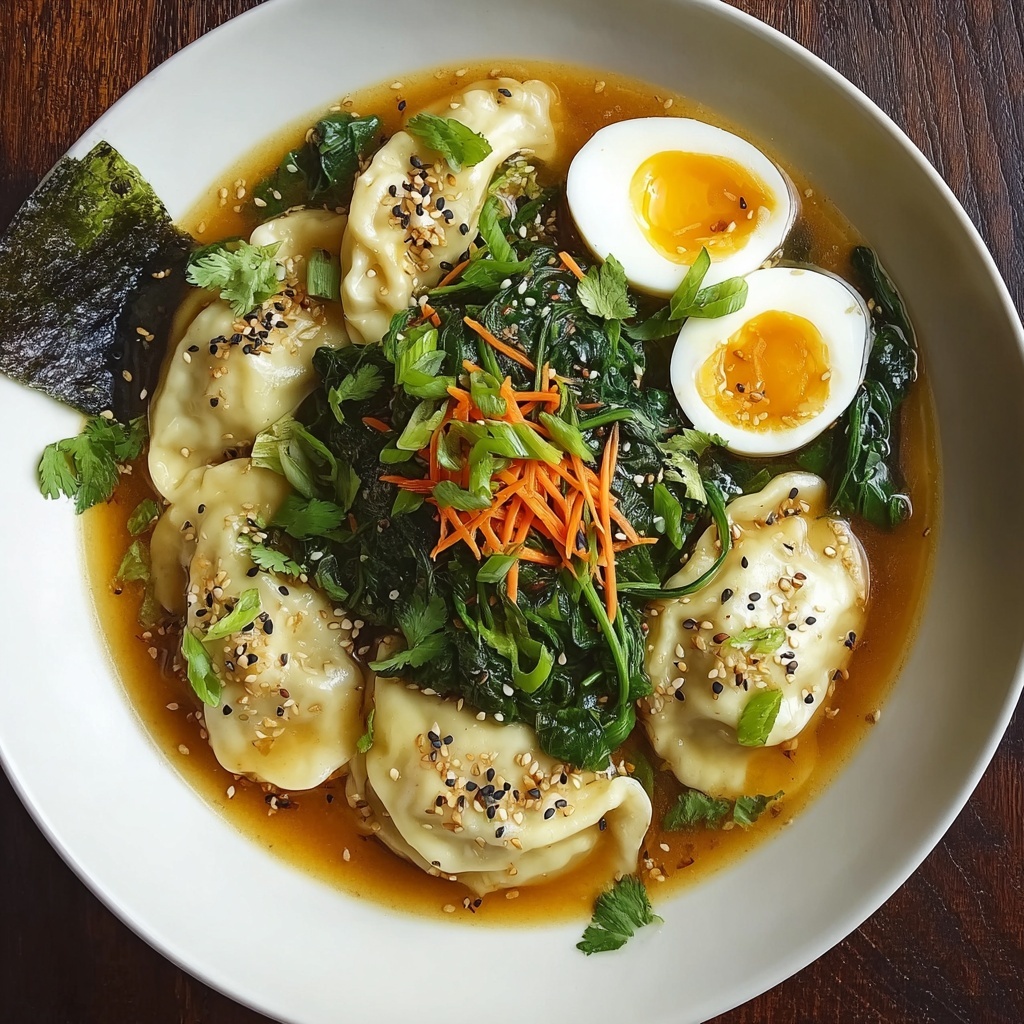 Savory Dumpling Ramen Bowl with Soft-Boiled Eggs and Fresh Greens Recipe - Recipe Image