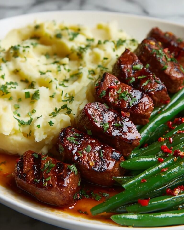 Garlic Butter Steak Bites with Mashed Potatoes and Green Beans Recipe