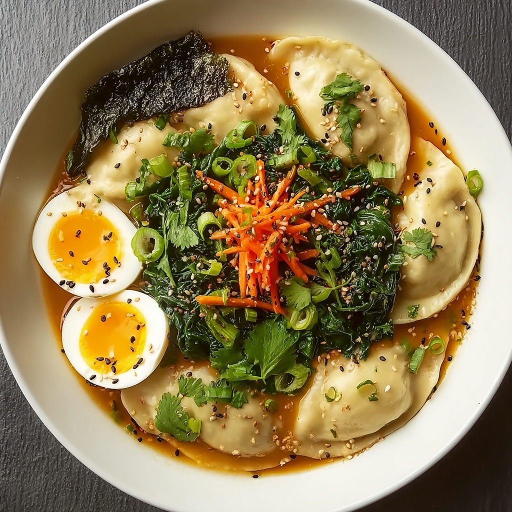 Savory Dumpling Ramen Bowl with Soft-Boiled Eggs and Fresh Greens Recipe - Recipe Image