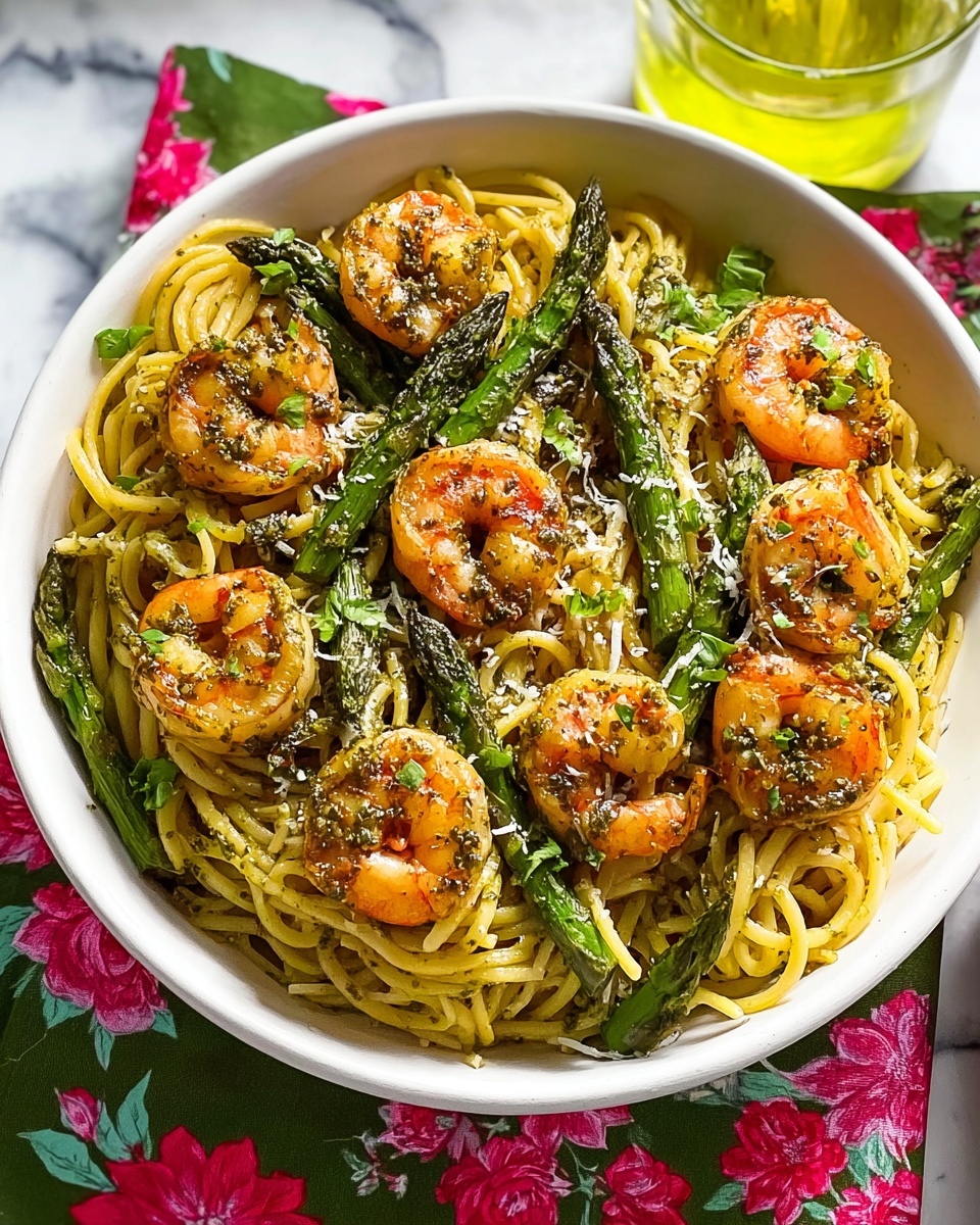 Pesto Shrimp Asparagus Pasta Recipe - Recipe Image