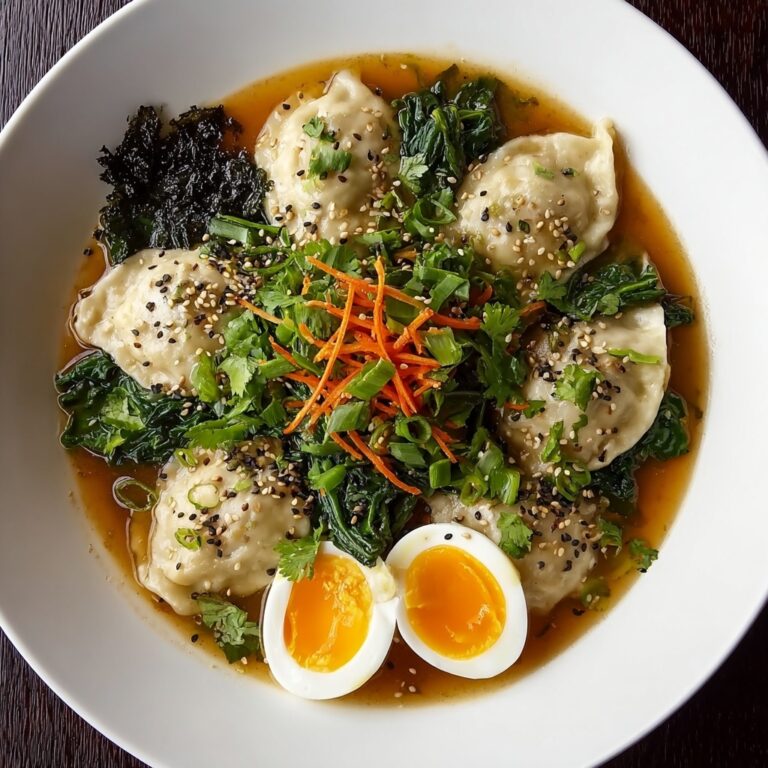 Savory Dumpling Ramen Bowl with Soft-Boiled Eggs and Fresh Greens Recipe