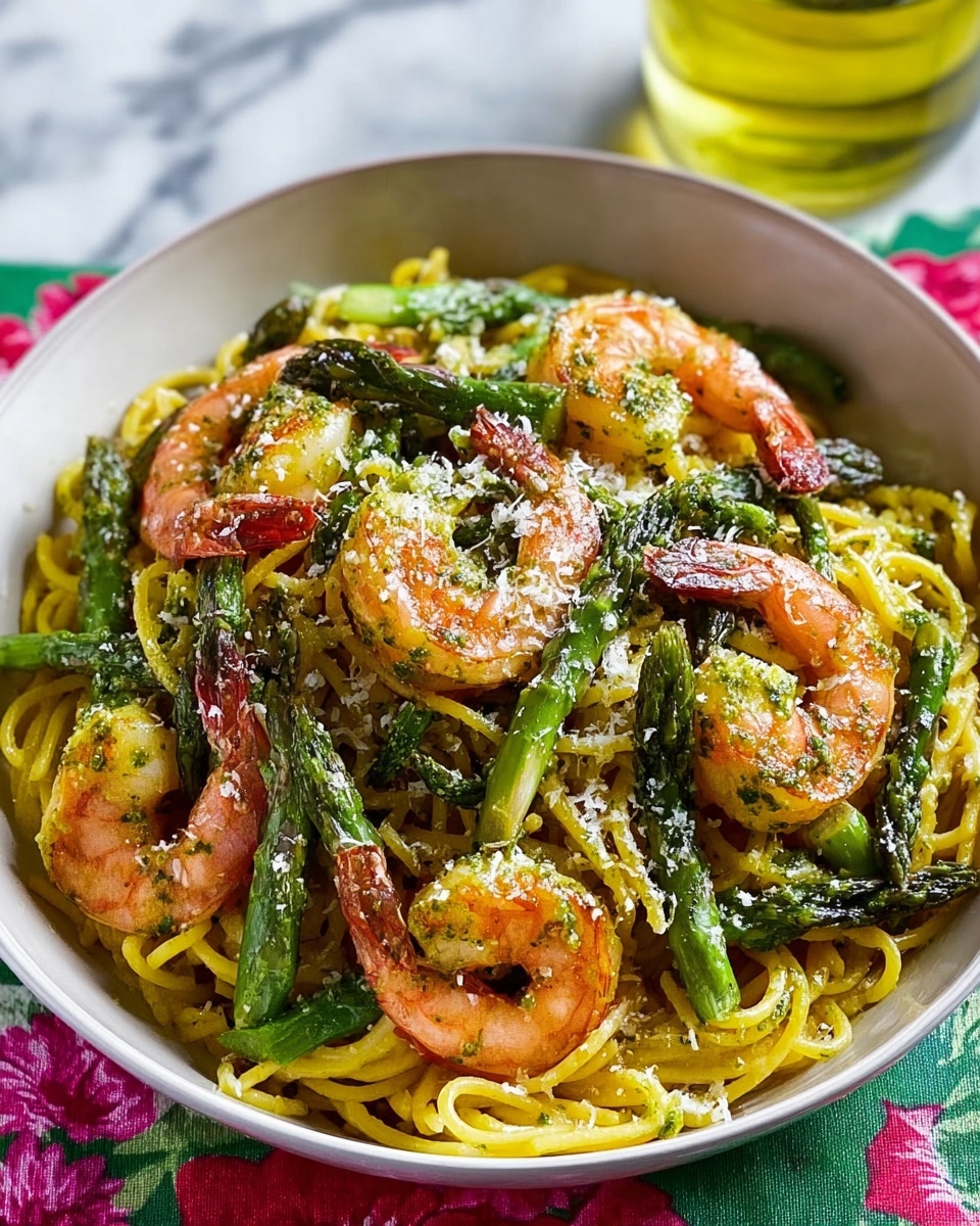 Pesto Shrimp Asparagus Pasta Recipe - Recipe Image