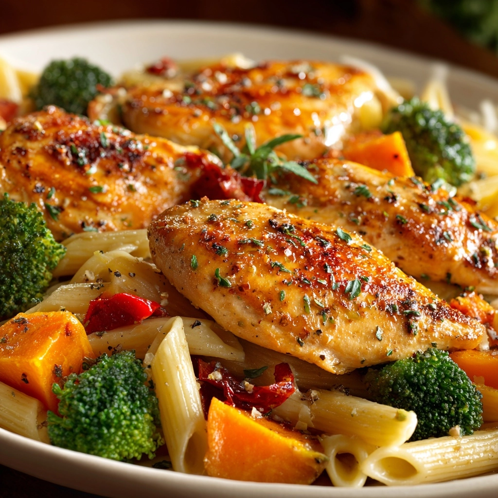 Honey Garlic Chicken with Roasted Veggie Penne Recipe - Recipe Image