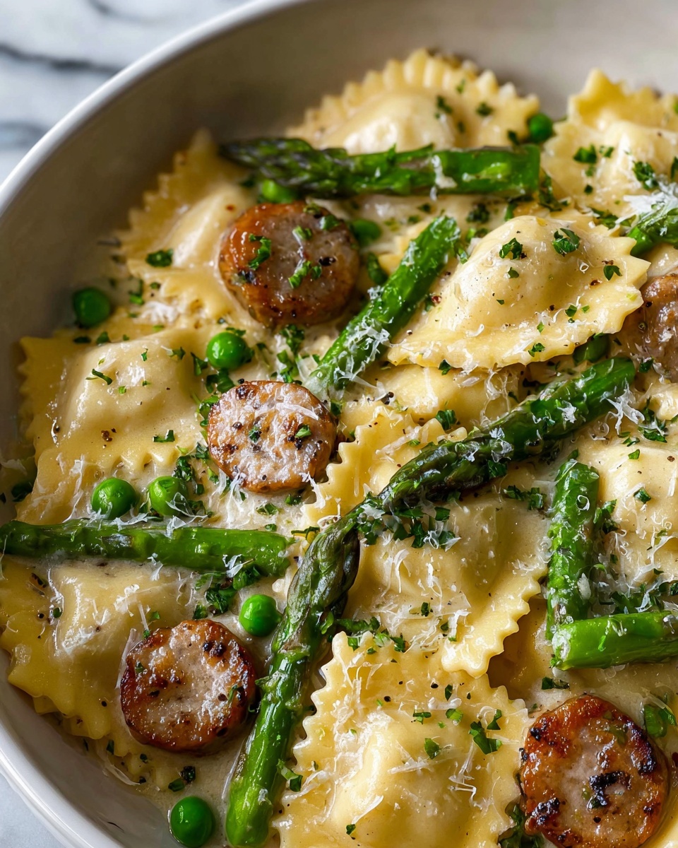 Asparagus Ravioli with Sausage and Peas Recipe - Recipe Image