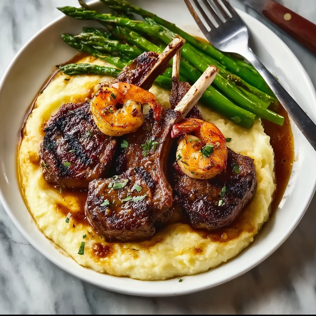 Succulent Lamb Chops with Lobster Mashed Potatoes and Roasted Asparagus Recipe - Recipe Image