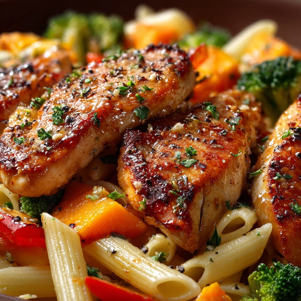 Honey Garlic Chicken with Roasted Veggie Penne Recipe - Recipe Image