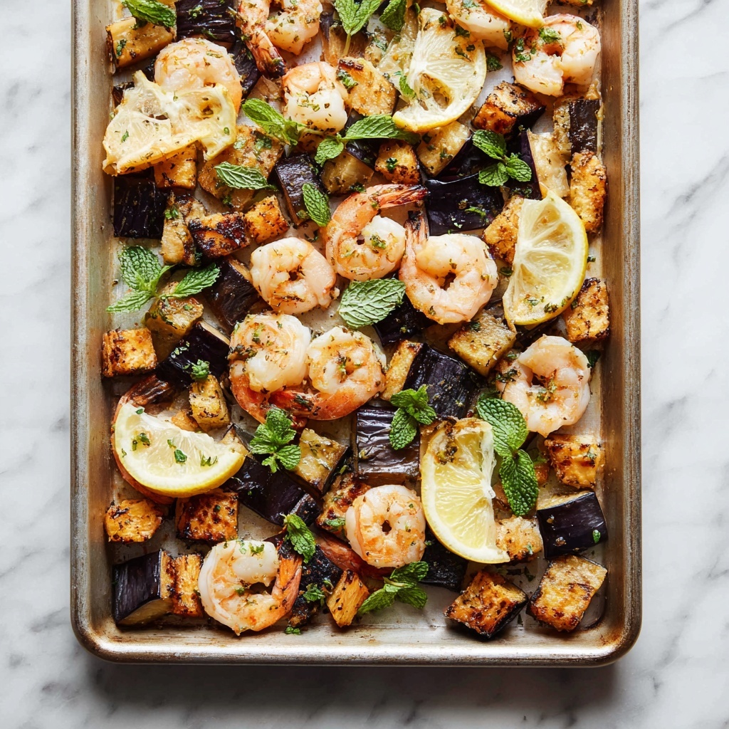 Roasted Eggplant and Shrimp with Harissa, Cumin, and Fresh Mint Recipe - Recipe Image