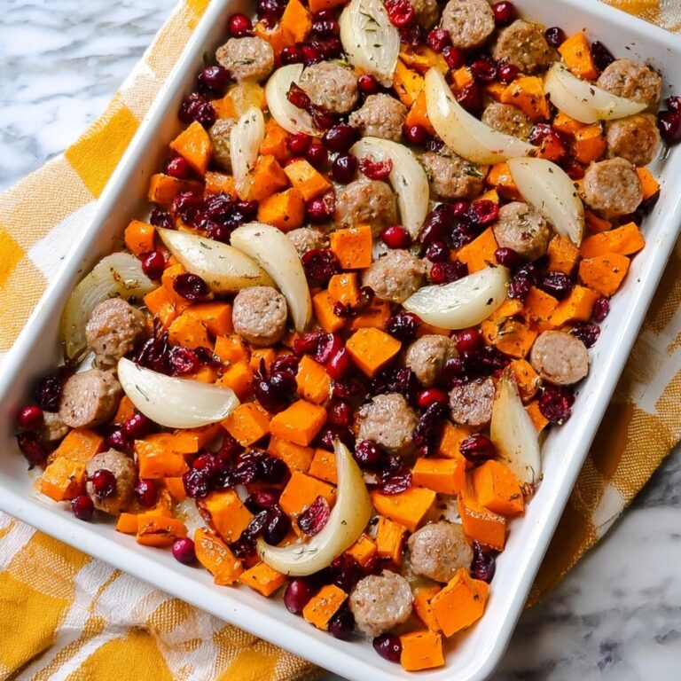 Sheet Pan Cranberry Chicken Sausage with Sweet Potatoes and Apples Recipe
