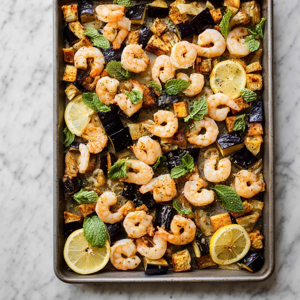Roasted Eggplant and Shrimp with Harissa, Cumin, and Fresh Mint Recipe - Recipe Image