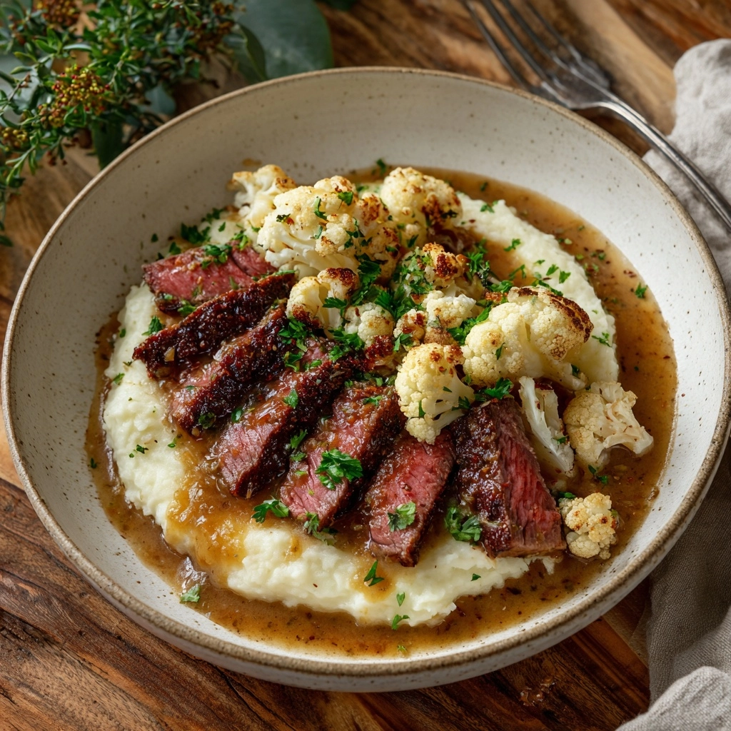 Brown Butter Steak with Roasted Garlic Whipped Cauliflower Recipe - Recipe Image