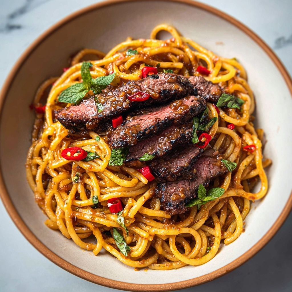 Sweet and Spicy Garlic Steak Pasta Recipe - Recipe Image