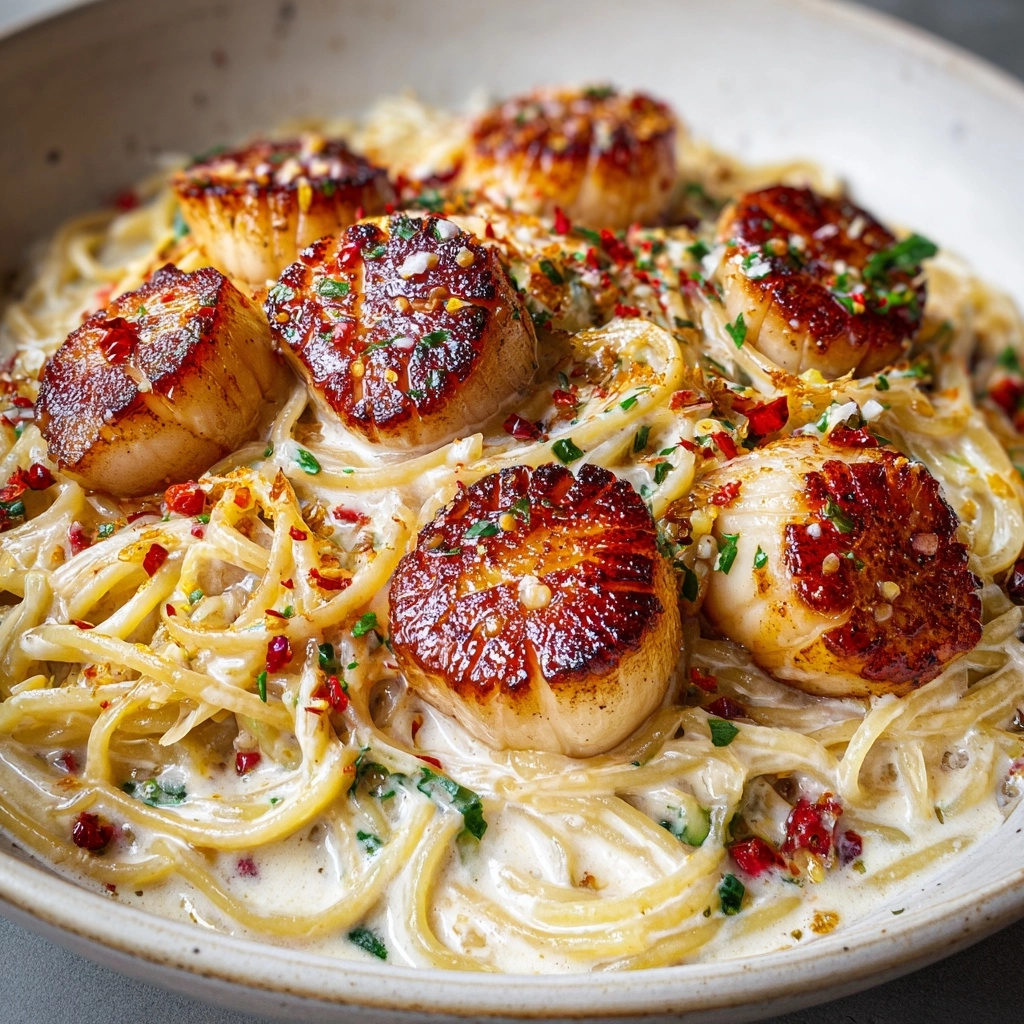 Creamy Tuscan Spaghetti with Jumbo Scallops Recipe - Recipe Image