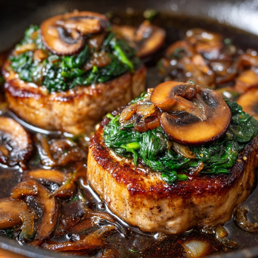 Goat Cheese & Spinach Stuffed Chicken Breast with Caramelized Onions and Mushrooms Recipe - Recipe Image