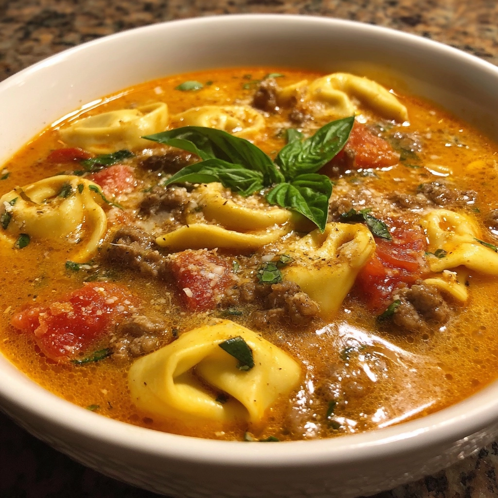 Slow Cooker Tomato Tortellini Soup with Ground Beef Recipe - Recipe Image
