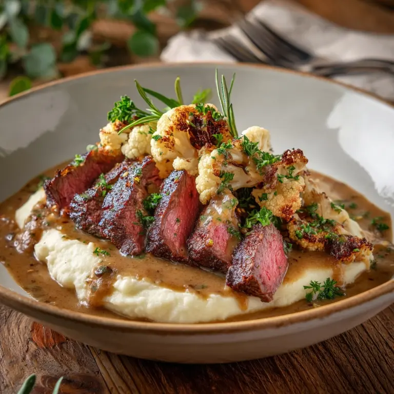 Brown Butter Steak with Roasted Garlic Whipped Cauliflower Recipe