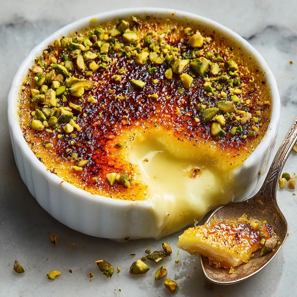 White Chocolate Lavender Crème Brûlée with Pistachio Crunch Recipe - Recipe Image