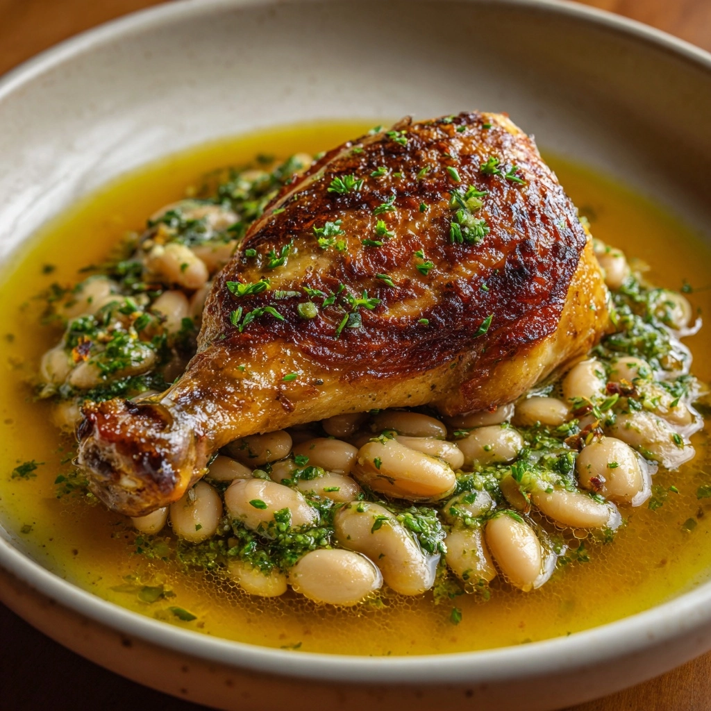 One-Pan Crispy Chicken with Cannellini Beans and Pistachio Pesto Recipe - Recipe Image
