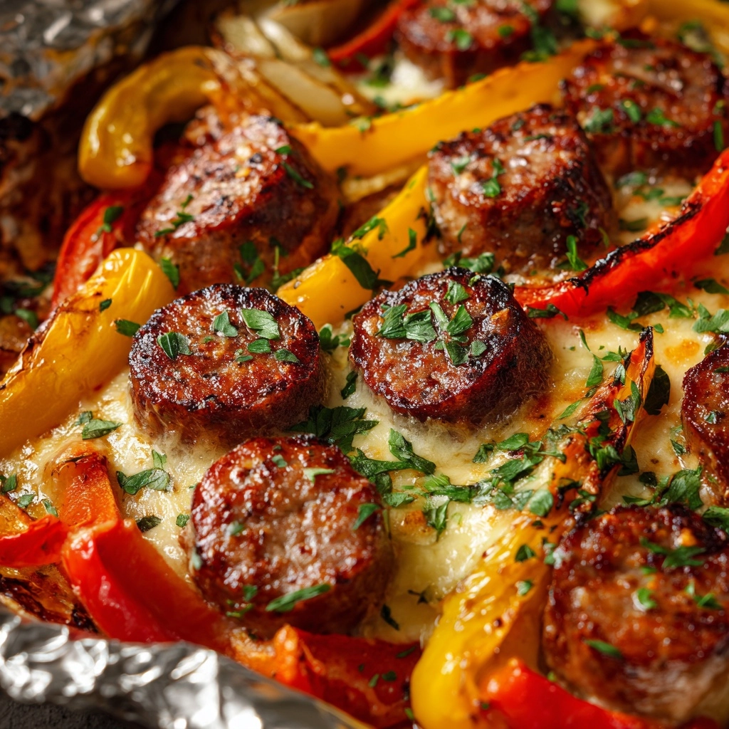 Foil Packet Cheesy Sausage and Peppers Recipe - Recipe Image