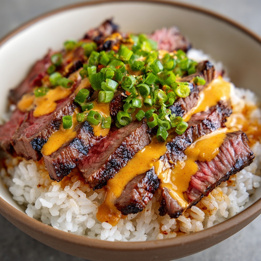 Korean BBQ Steak Rice Bowls with Spicy Cream Sauce Recipe - Recipe Image