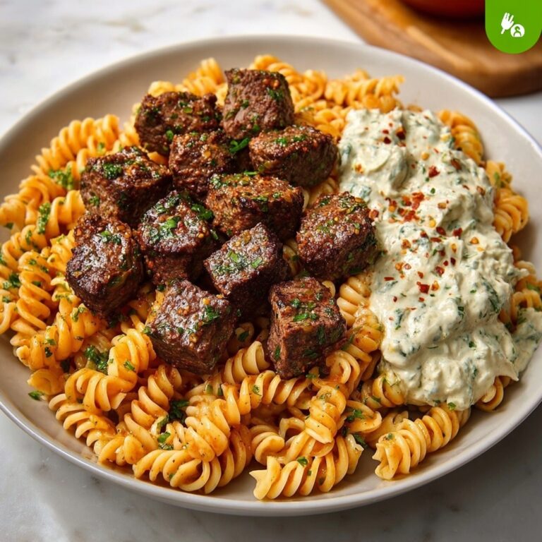 Steak Bites in Garlic Parmesan Sauce over Rotini Recipe