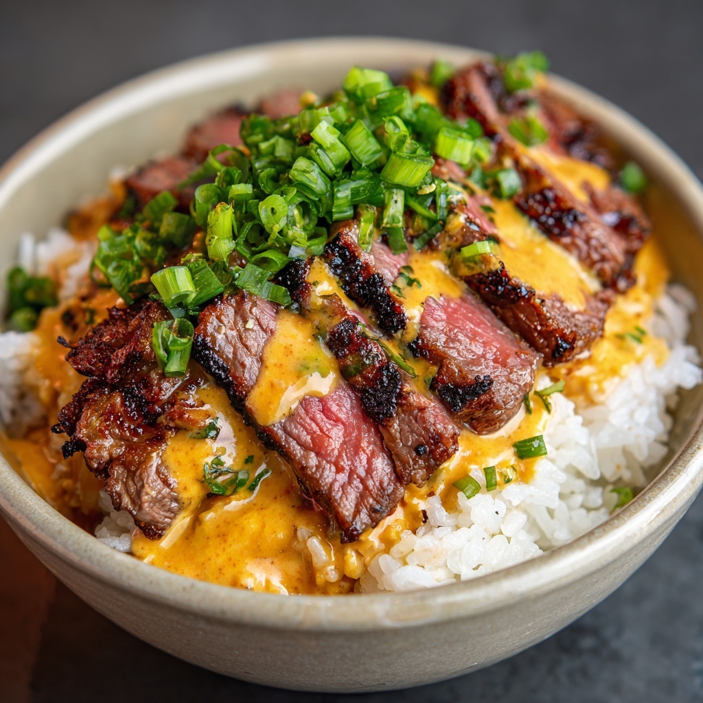 Korean BBQ Steak Rice Bowls with Spicy Cream Sauce Recipe - Recipe Image